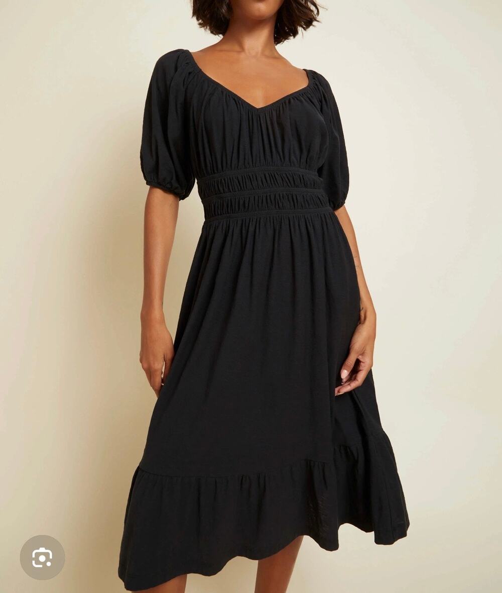 Nation Ltd Fabia Midi Dress Black S Pima Cotton Balloon Short Sleeve Sweetheart